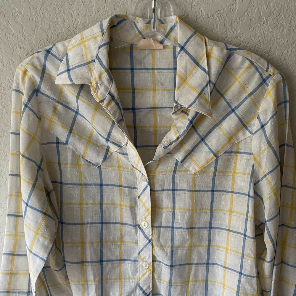 1970s Blue & Yellow Western Style Linen Blend Blouse